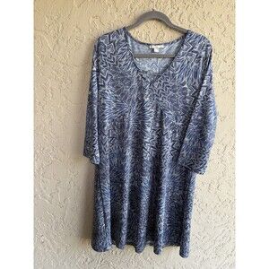 Sunny Leigh Bluish Gray White Graphic Leaf V-Neck Metal Circle Women’s XL Dress